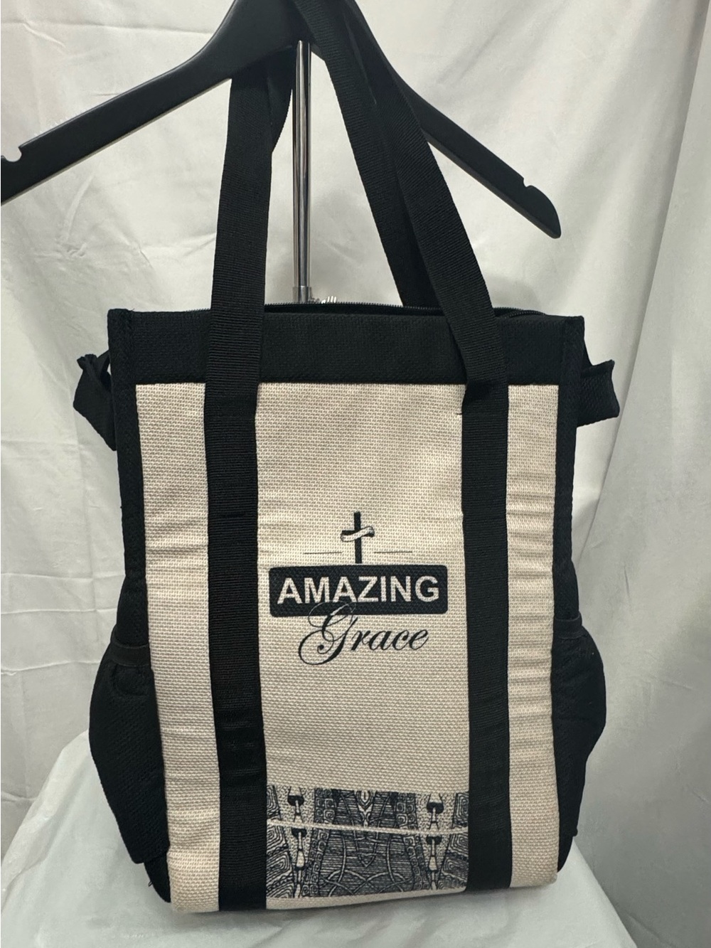 Large Amazing Grace Black & Cream Tote Bag Bible Bag, Laptop, Craft bag, Zip top